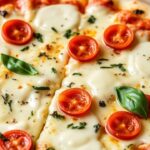 بيتزا بيضاء كريمية مع جبن ذائب وأعشاب طازجة على قشرة مقرمشة