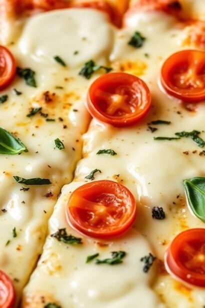 بيتزا بيضاء كريمية مع جبن ذائب وأعشاب طازجة على قشرة مقرمشة