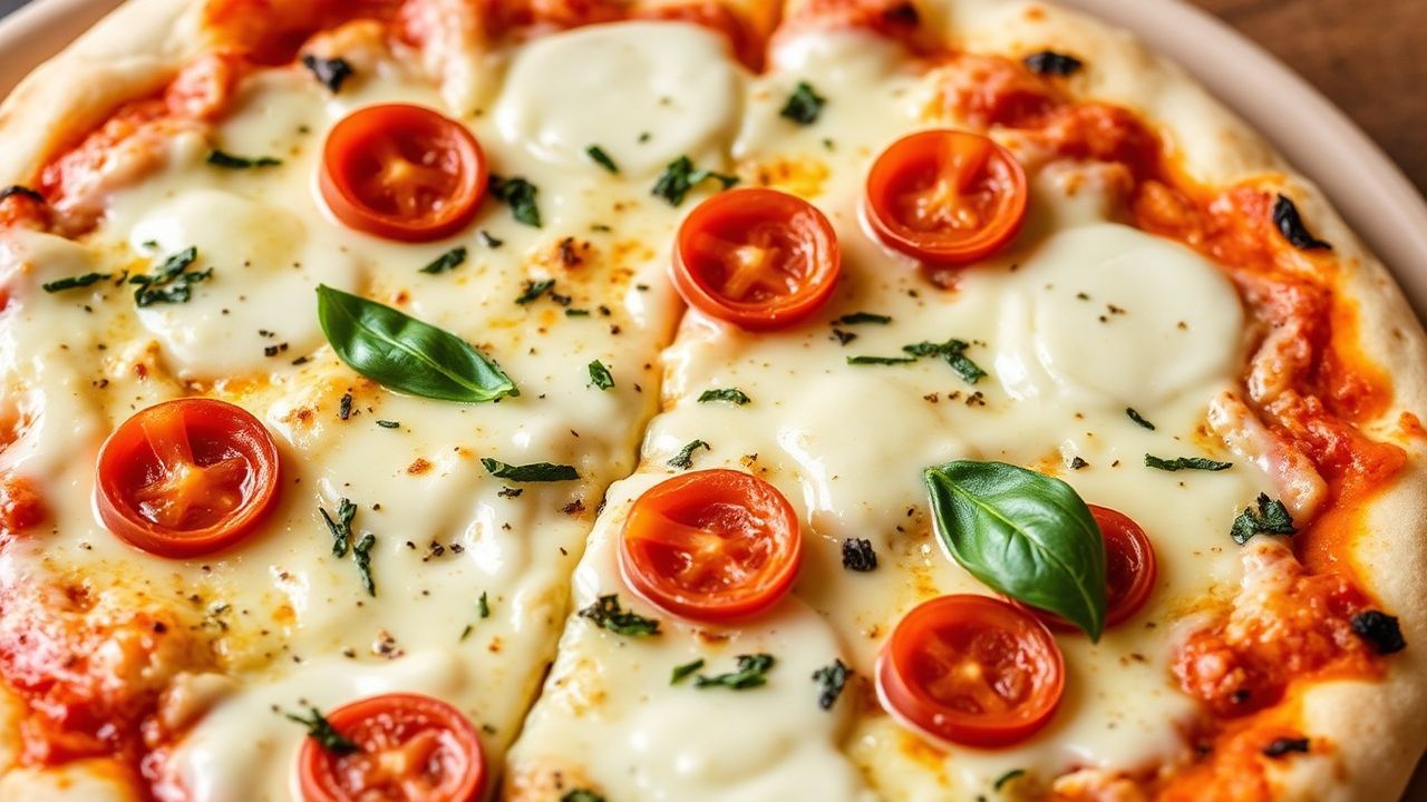 بيتزا بيضاء كريمية مع جبن ذائب وأعشاب طازجة على قشرة مقرمشة
