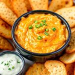 غمس دجاج بوفالو حار كريمي في وعاء مع خبز مقرمش