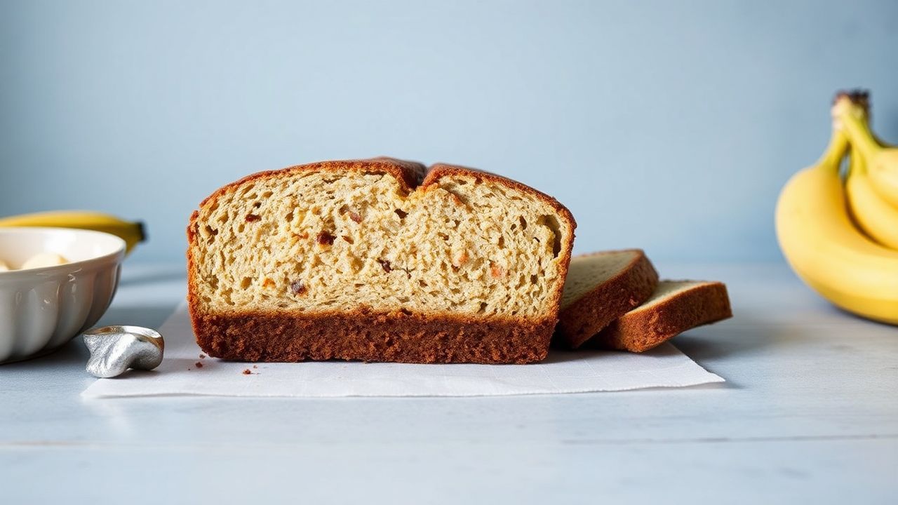 رغيف خبز موز منزلي ذهبي ورطب مع شرائح موز محمّصة