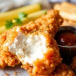 دجاج مقلي ذهبي ومقرمش على طبق مع رشة أعشاب وليمون