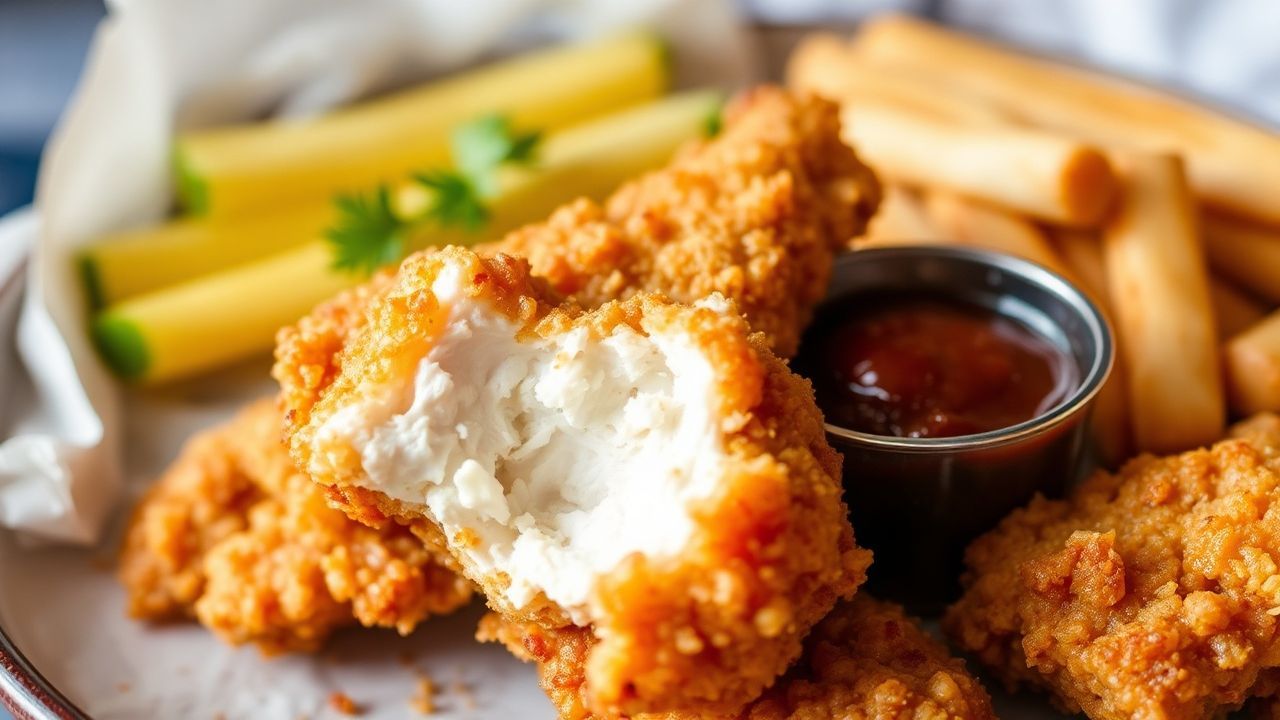 دجاج مقلي ذهبي ومقرمش على طبق مع رشة أعشاب وليمون