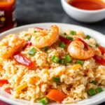 أرز مقلي بالروبيان مع صلصة يام يام السحرية على طبق