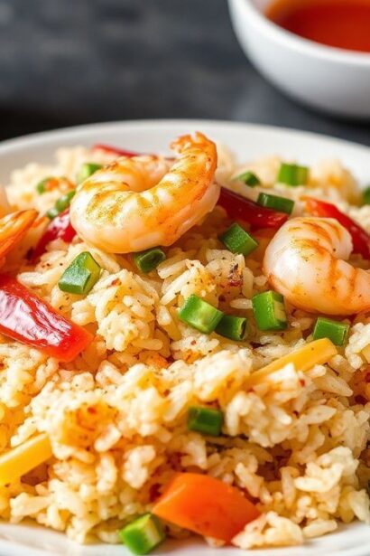 أرز مقلي بالروبيان مع صلصة يام يام السحرية على طبق