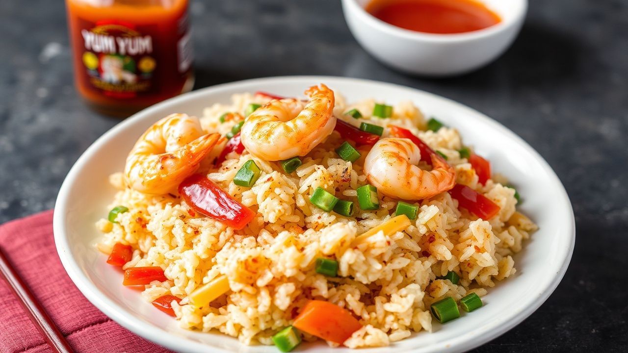 أرز مقلي بالروبيان مع صلصة يام يام السحرية على طبق