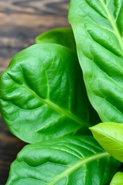 أوراق سبانخ طازجة مع رموز توضيحية لفوائدها الصحية والقوة الغذائية