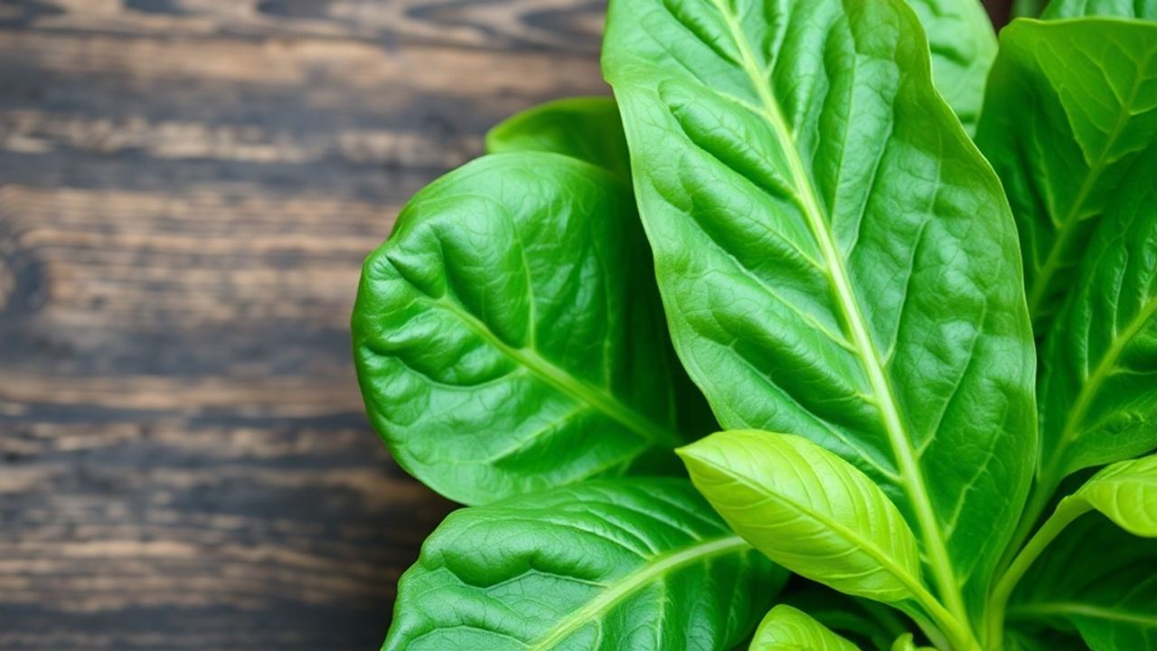 أوراق سبانخ طازجة مع رموز توضيحية لفوائدها الصحية والقوة الغذائية