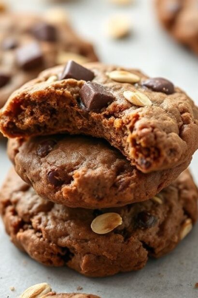 بسكويت شوفان بالشوكولاتة طري ولذيذ وصحي على طبق خشبي