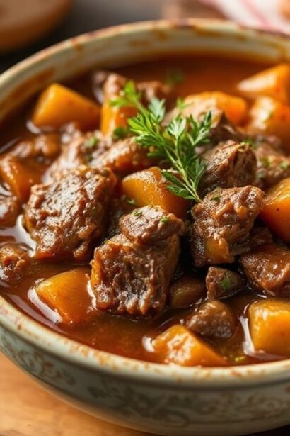 يخنة لحم بقر منزلية غنية مع خضراوات وطعم مريح وكلاسيكي