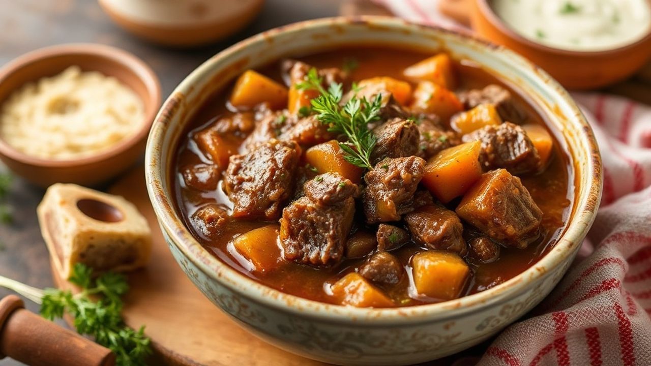 يخنة لحم بقر منزلية غنية مع خضراوات وطعم مريح وكلاسيكي