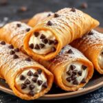 كانولي فاخر محشو ريكوتا وقطع الشوكولاتة، مرشوش بسكر بودرة