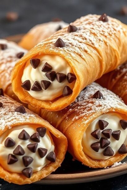 كانولي فاخر محشو ريكوتا وقطع الشوكولاتة، مرشوش بسكر بودرة