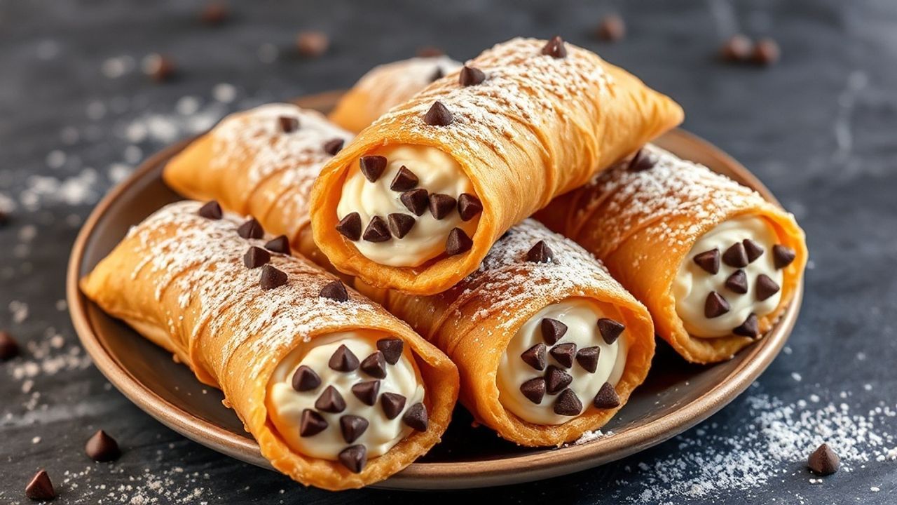 كانولي فاخر محشو ريكوتا وقطع الشوكولاتة، مرشوش بسكر بودرة