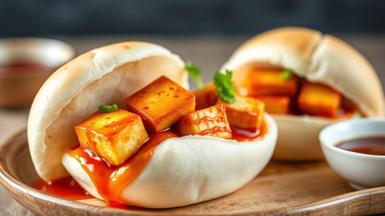 باو محشو بتوفو بصلصة شطة حلوة وخضار طازجة