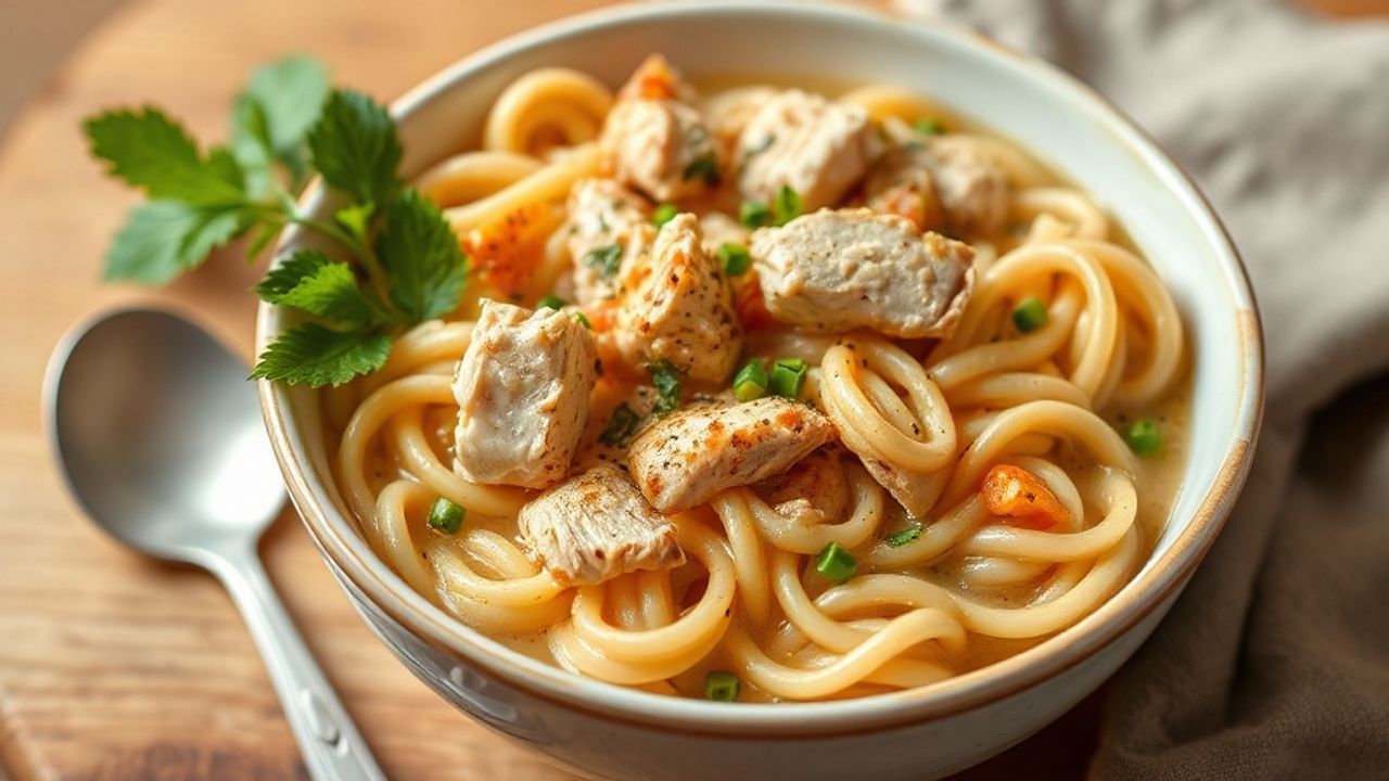 وعاء دافئ من حساء الدجاج والمعكرونة الغني، الأفضل في كل لقمة