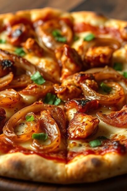 بيتزا دجاج باربيكيو مع بصل مكرمل حلو تبرز نكهة غنية ومغرية