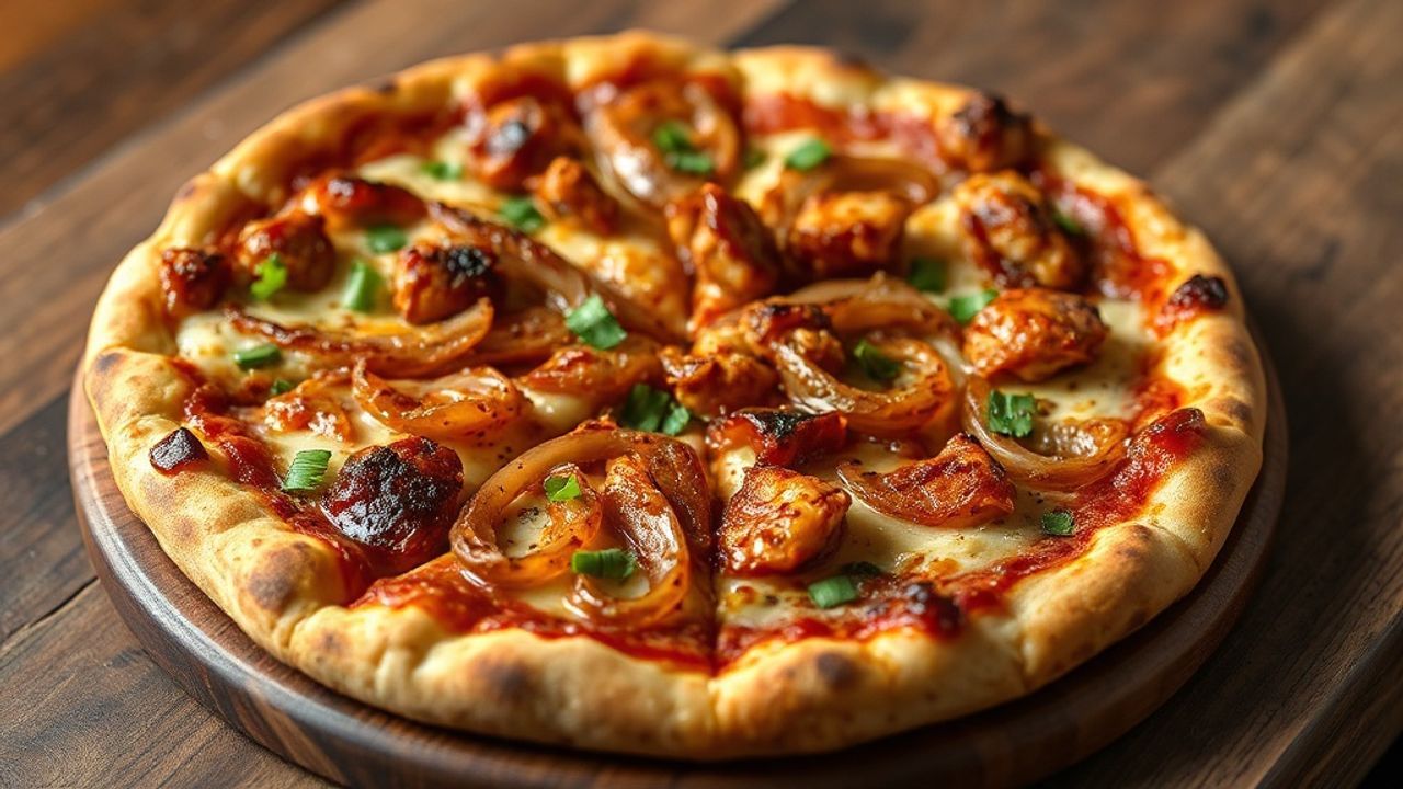 بيتزا دجاج باربيكيو مع بصل مكرمل حلو تبرز نكهة غنية ومغرية