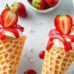 مخروط تشيز كيك بالفراولة والقرمشة مزين بقطع فراولة طازجة