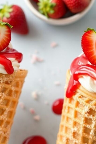 مخروط تشيز كيك بالفراولة والقرمشة مزين بقطع فراولة طازجة