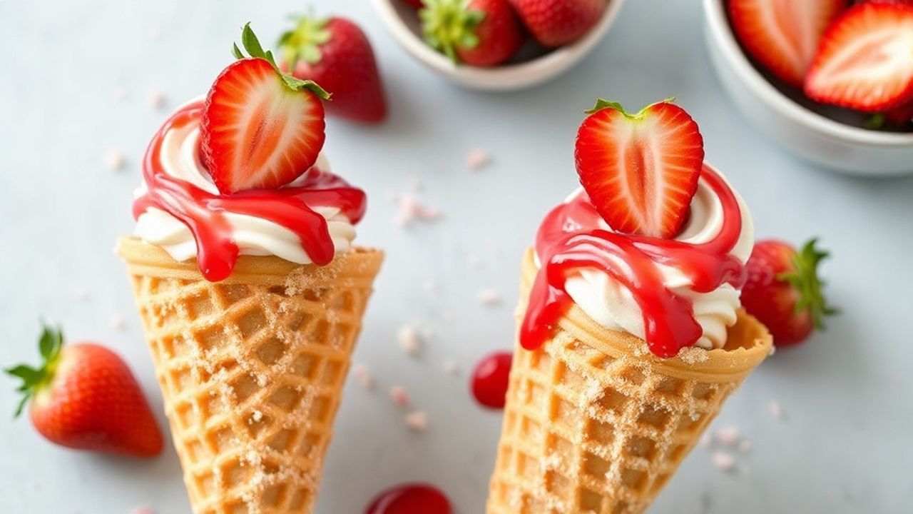 مخروط تشيز كيك بالفراولة والقرمشة مزين بقطع فراولة طازجة