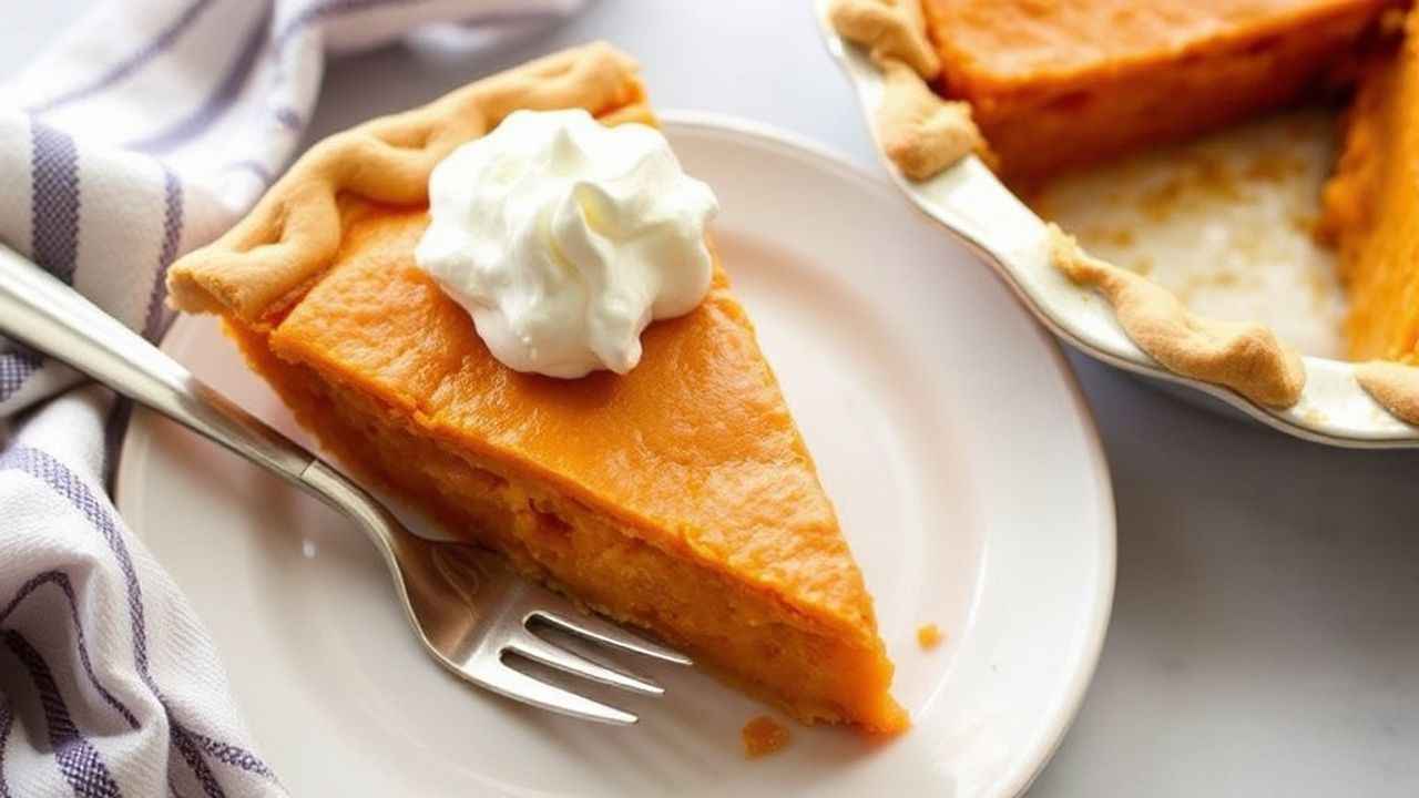 شريحة فطيرة بطاطا حلوة جنوبية ذهبية مع كريمة، مشهد دافئ ومريح