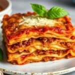 لازانيا منزلية مطبوخة بالكامل، طبقات ذهبية، جبن ذائب وصلصة طماطم غنية