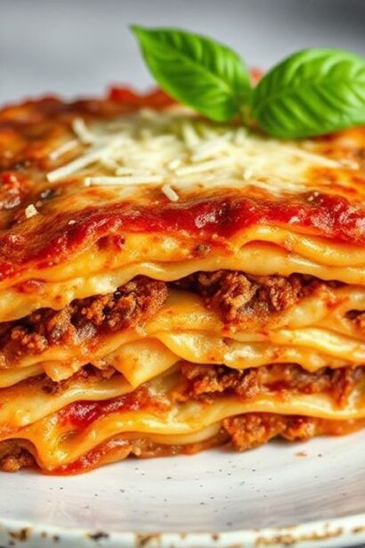 لازانيا منزلية مطبوخة بالكامل، طبقات ذهبية، جبن ذائب وصلصة طماطم غنية