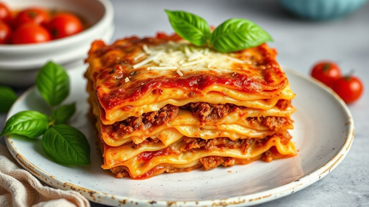 لازانيا منزلية مطبوخة بالكامل، طبقات ذهبية، جبن ذائب وصلصة طماطم غنية