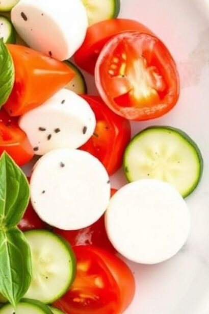 سلطة طماطم وخيار وموزاريلا طازجة مع ريحان وزيت زيتون