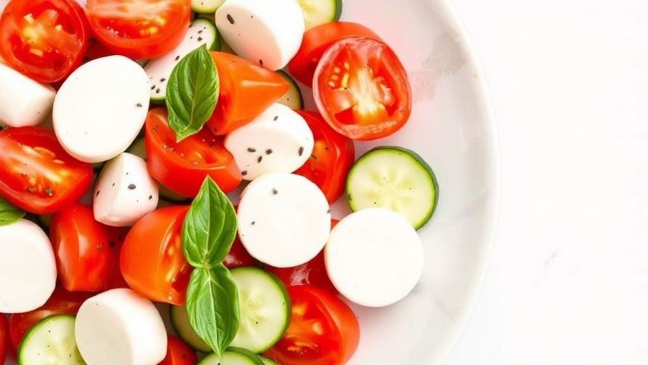 سلطة طماطم وخيار وموزاريلا طازجة مع ريحان وزيت زيتون
