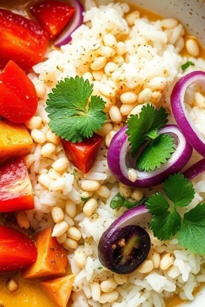 أطباق أرز كاري جوز الهند النباتية الاستوائية مع خضراوات ملونة