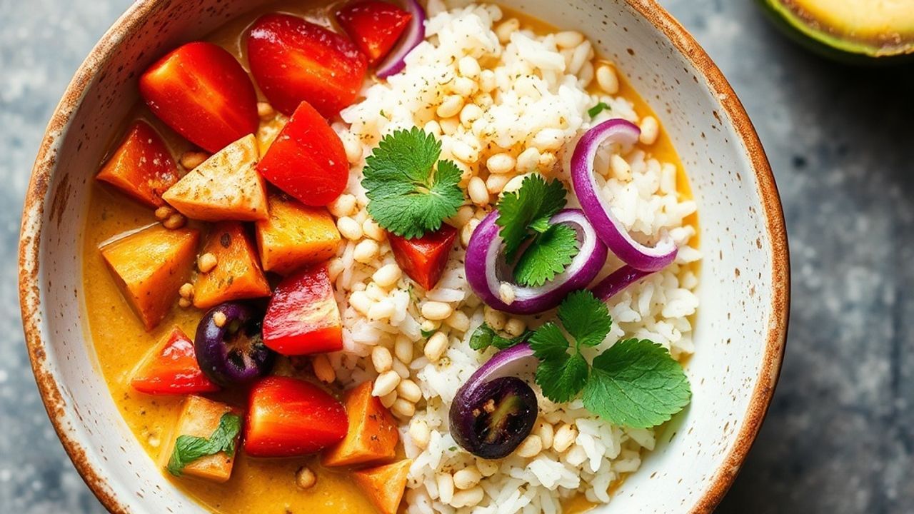 أطباق أرز كاري جوز الهند النباتية الاستوائية مع خضراوات ملونة