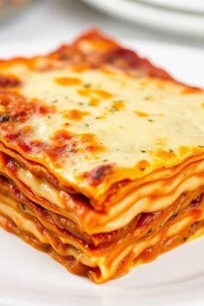 صحن لازانيا كلاسيكية بطبقات جبن وصلصة طازجة وملعقة خشبية