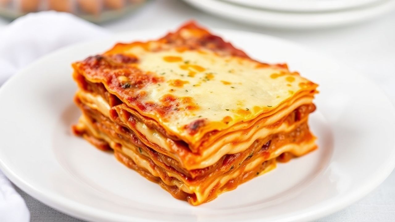 صحن لازانيا كلاسيكية بطبقات جبن وصلصة طازجة وملعقة خشبية