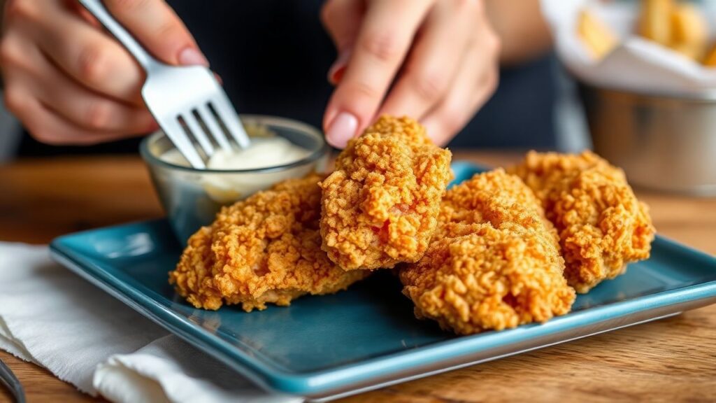 قطعة دجاج مقلي ذهبية ومقرمشة، بخار يتصاعد من الداخل