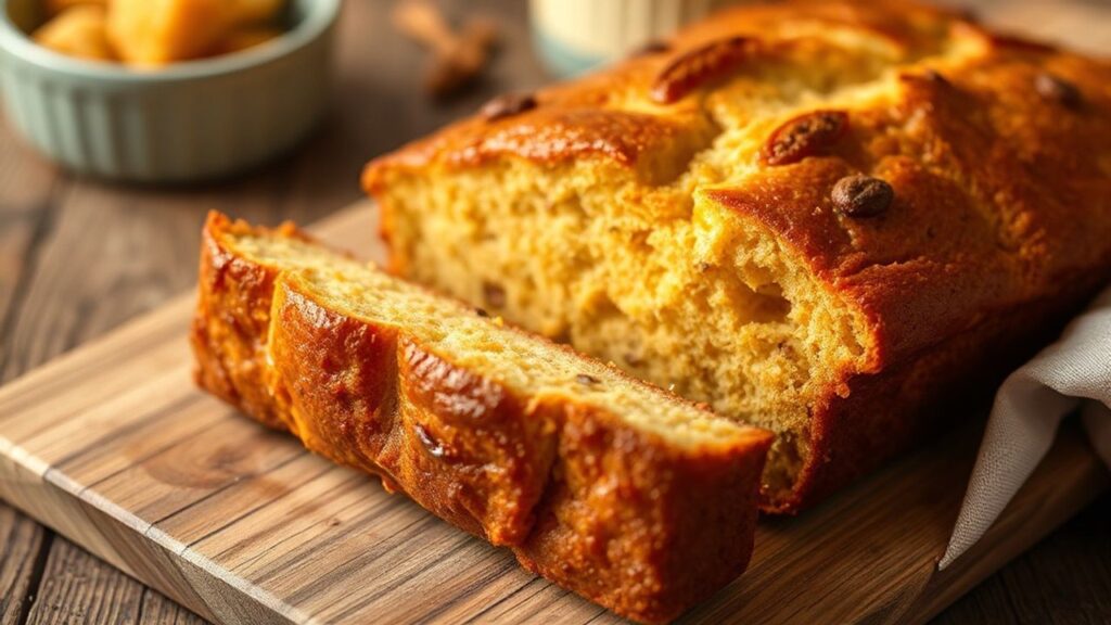 Warm sliced sweet potato bread on a board