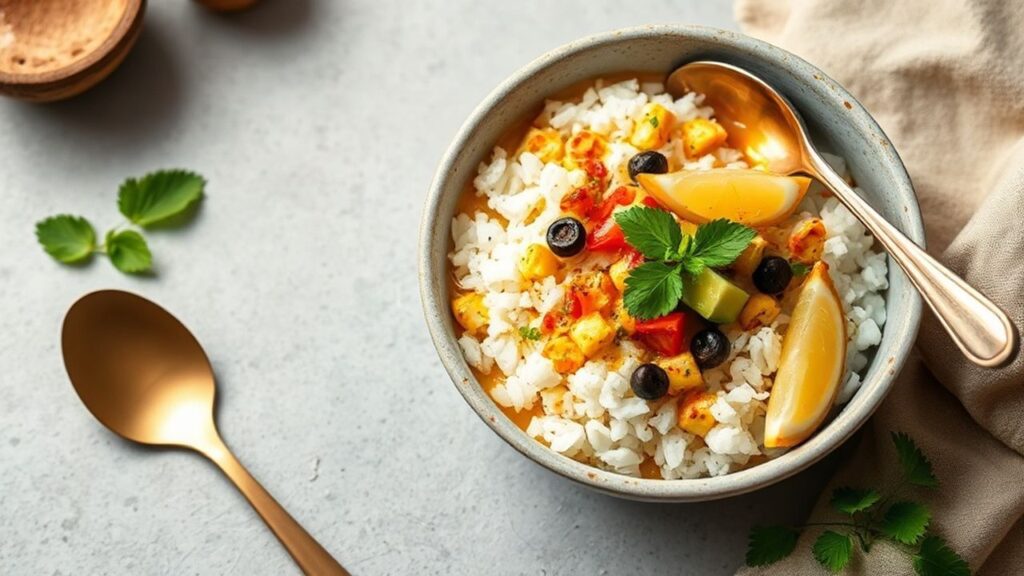 أوعية أرز نباتية بالكاري وجوز الهند الاستوائية، ملونة وعطرة للعشاء