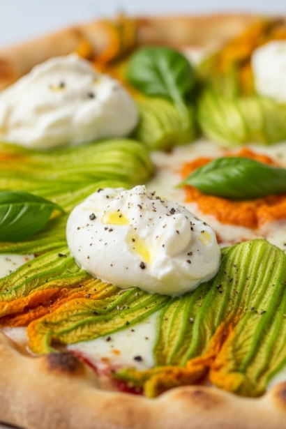 Delightful Zucchini Blossom Pizza Topped with Creamy Burrata