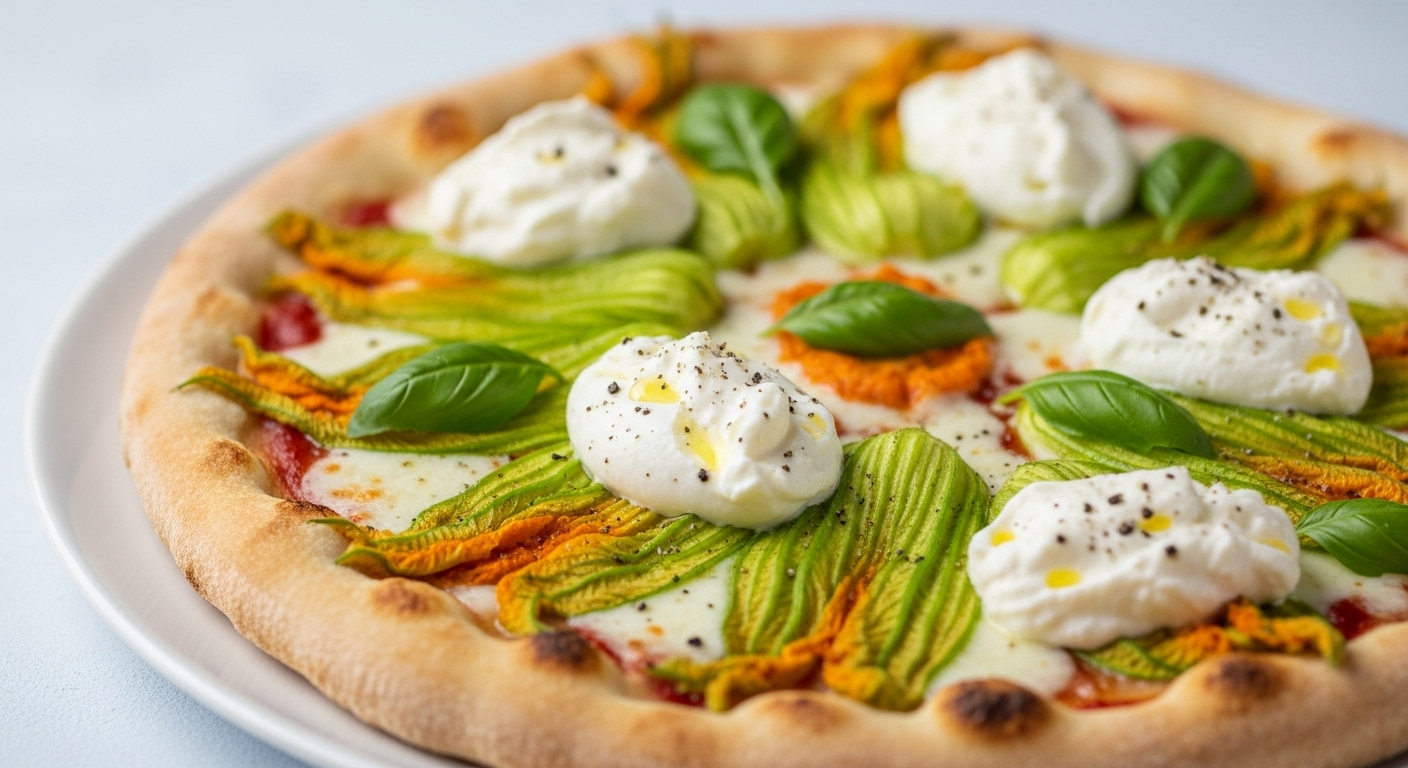 Delightful Zucchini Blossom Pizza Topped with Creamy Burrata