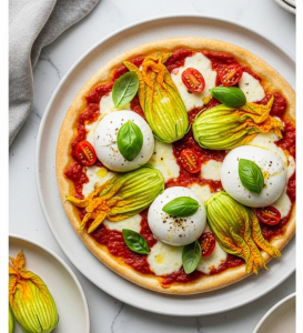 Delightful Zucchini Blossom Pizza Topped with Creamy Burrata