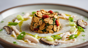 Savory Congee Delight with Crunchy Oatmeal Topping Twist