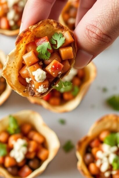 أكواب تاكو مقرمشة محشوة باللحم والجبن والخس مع صلصة حمراء
