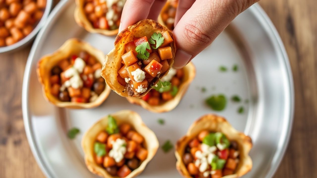 أكواب تاكو مقرمشة محشوة باللحم والجبن والخس مع صلصة حمراء