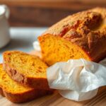 رغيف خبز البطاطا الحلوة الذهبي مقطّع ومقدّم على لوح خشبي