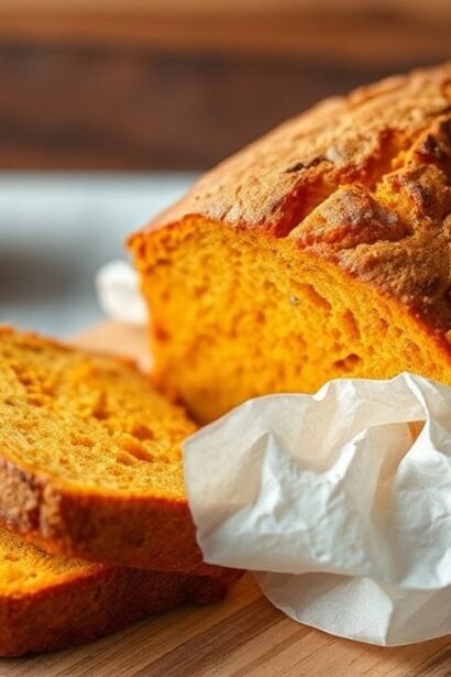 رغيف خبز البطاطا الحلوة الذهبي مقطّع ومقدّم على لوح خشبي