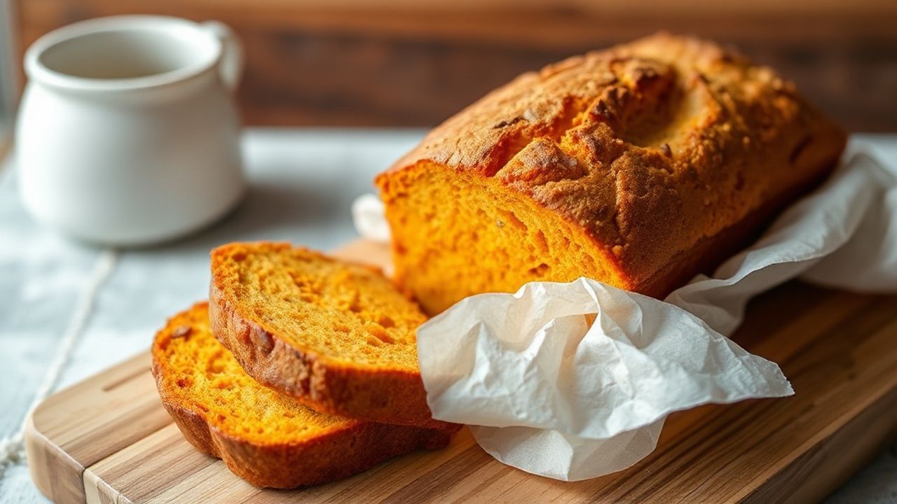 رغيف خبز البطاطا الحلوة الذهبي مقطّع ومقدّم على لوح خشبي