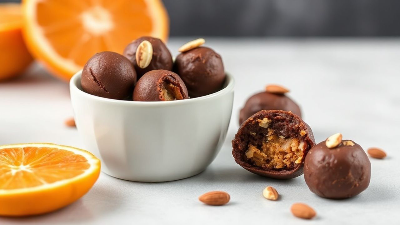 Healthy Orange Bites coated in dark chocolate, sprinkled with fresh orange zest.