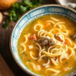 وعاء شوربة دجاج منزلية بالشعيرية، بخار دافئ ومكونات طازجة تعزز الشفاء.