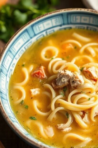 وعاء شوربة دجاج منزلية بالشعيرية، بخار دافئ ومكونات طازجة تعزز الشفاء.